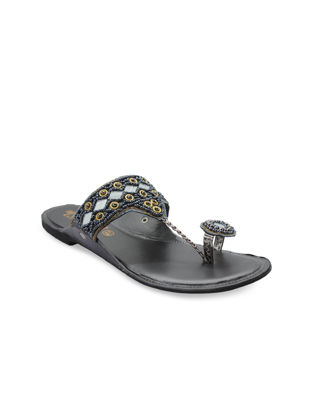 

WALK N STYLE COLLECTION Women Grey Embellished Leather Ethnic One Toe Flats
