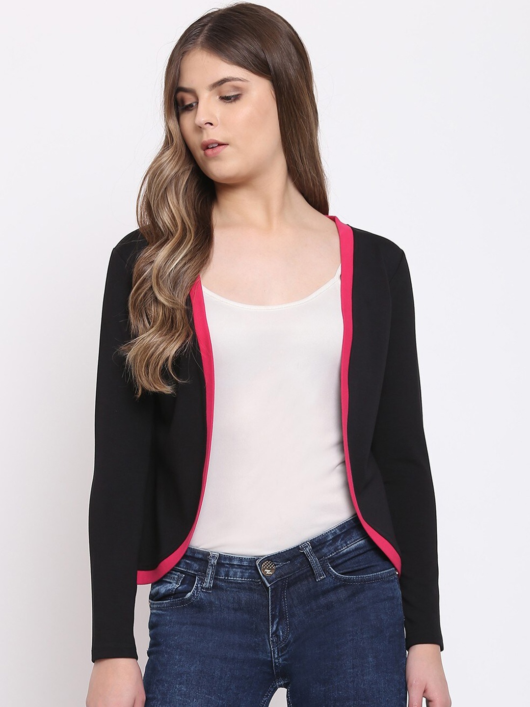 

RIVI Women Black & Pink Solid Shrug
