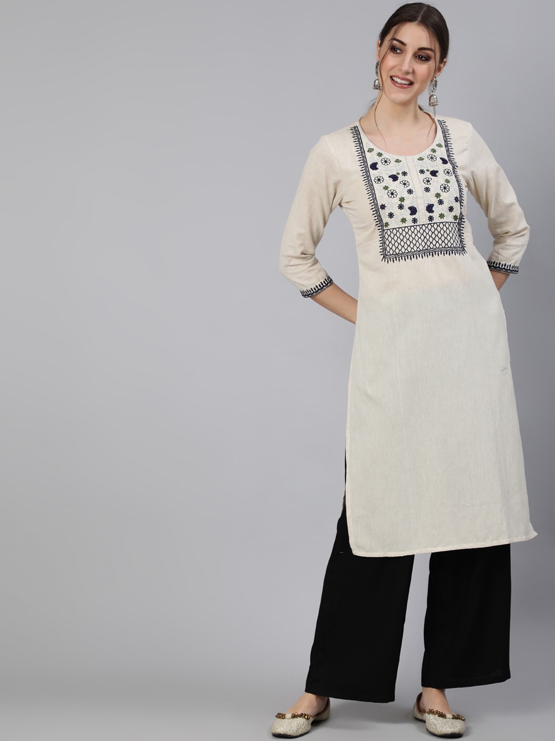 

antaran Women Off White Quirky Yoke Design Embroidered Cotton Kurta