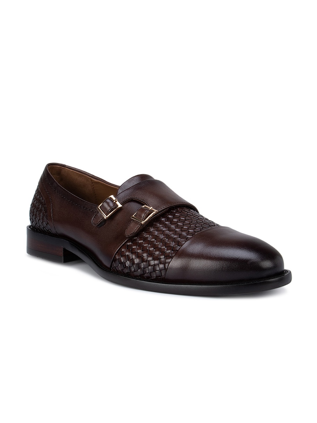 

ROSSO BRUNELLO Men Coffee Brown Woven Design Formal Monk Shoes
