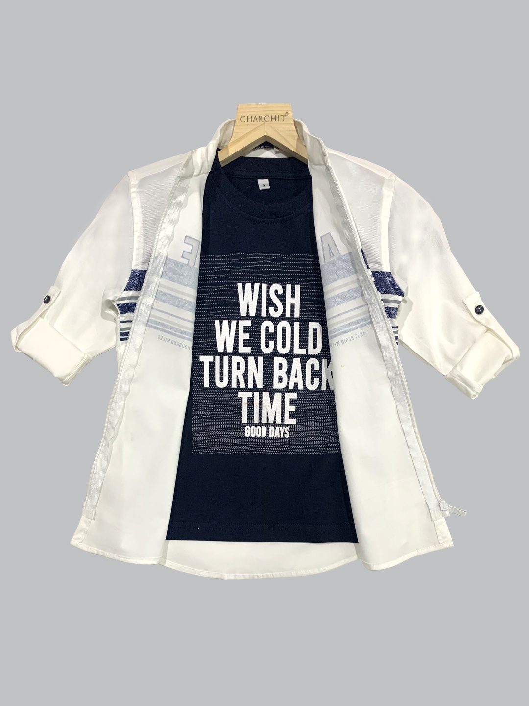 

CHARCHIT Boys White Printed Regular Fit Cotton Blend Casual Shirt with T-Shirt