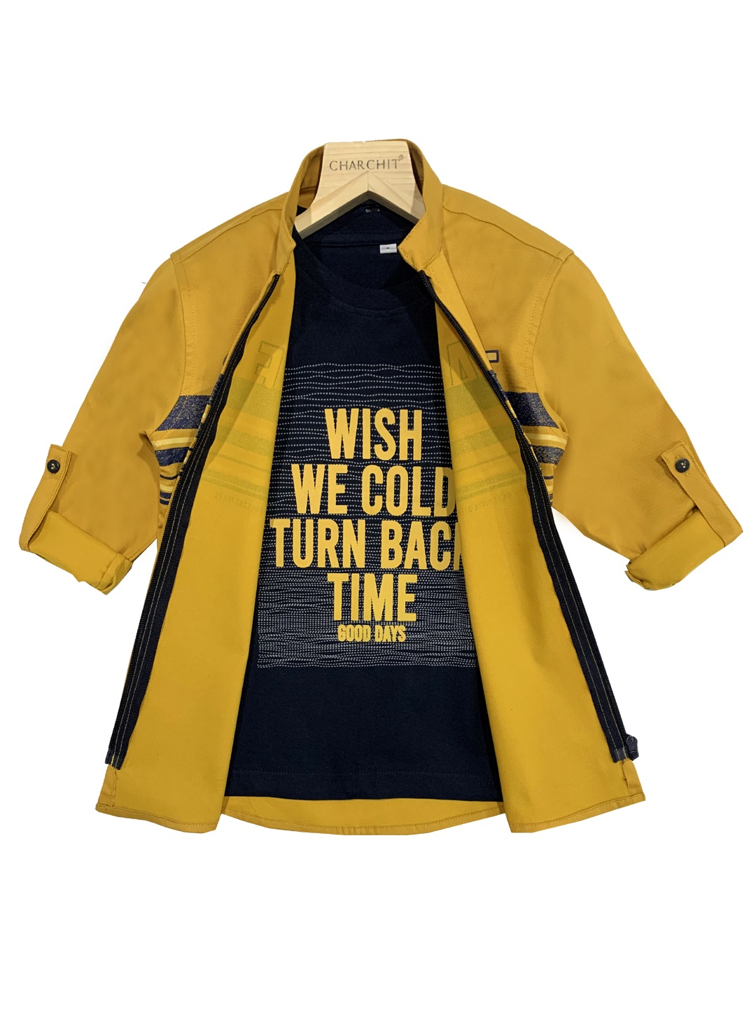 

CHARCHIT Boys Mustard Yellow Regular Fit Printed Cotton Blend Casual Shirt with T-Shirt