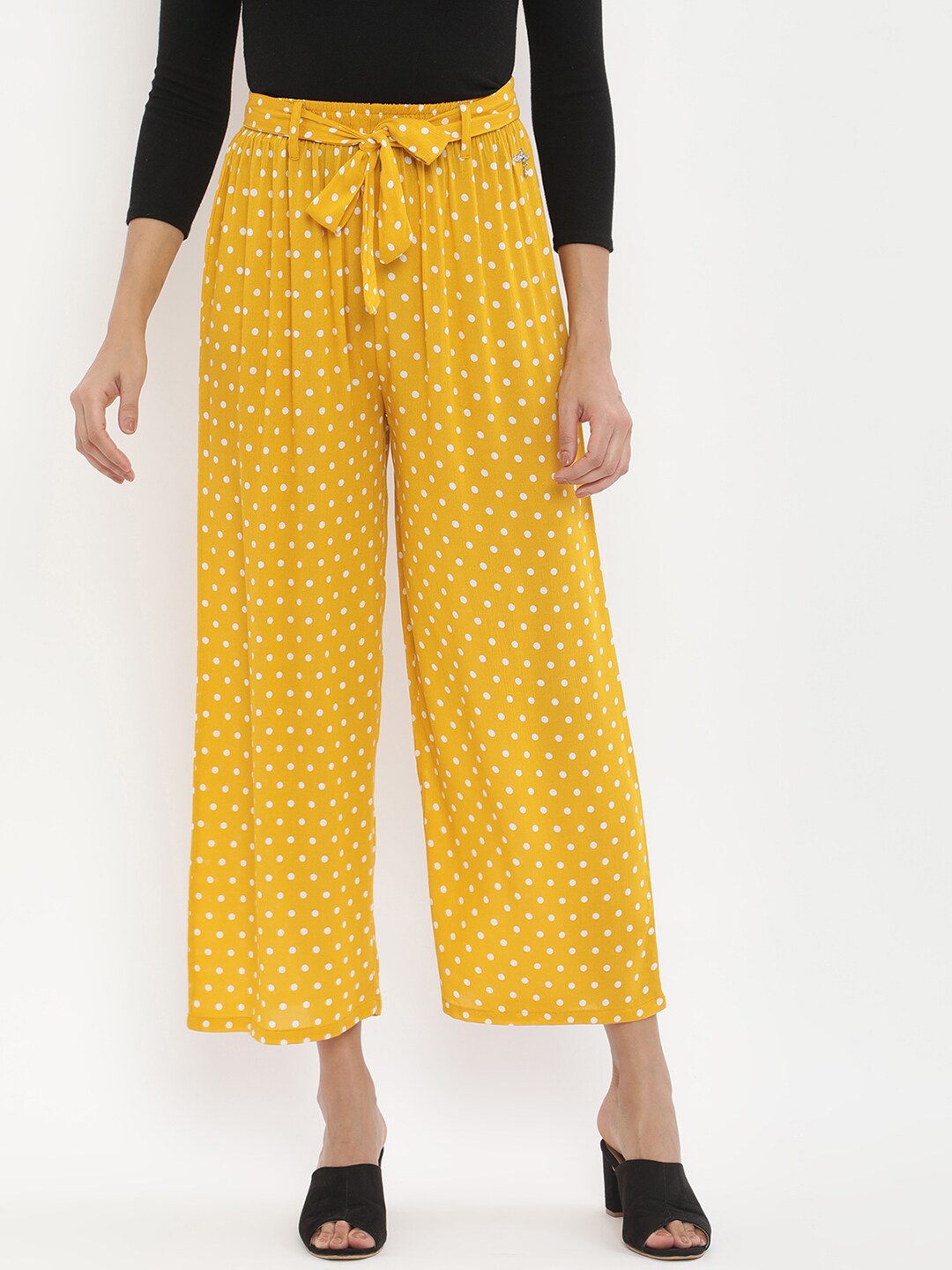 

V2 Value & Variety Women Mustard Yellow & White Polka Dots Printed Knitted Palazzos