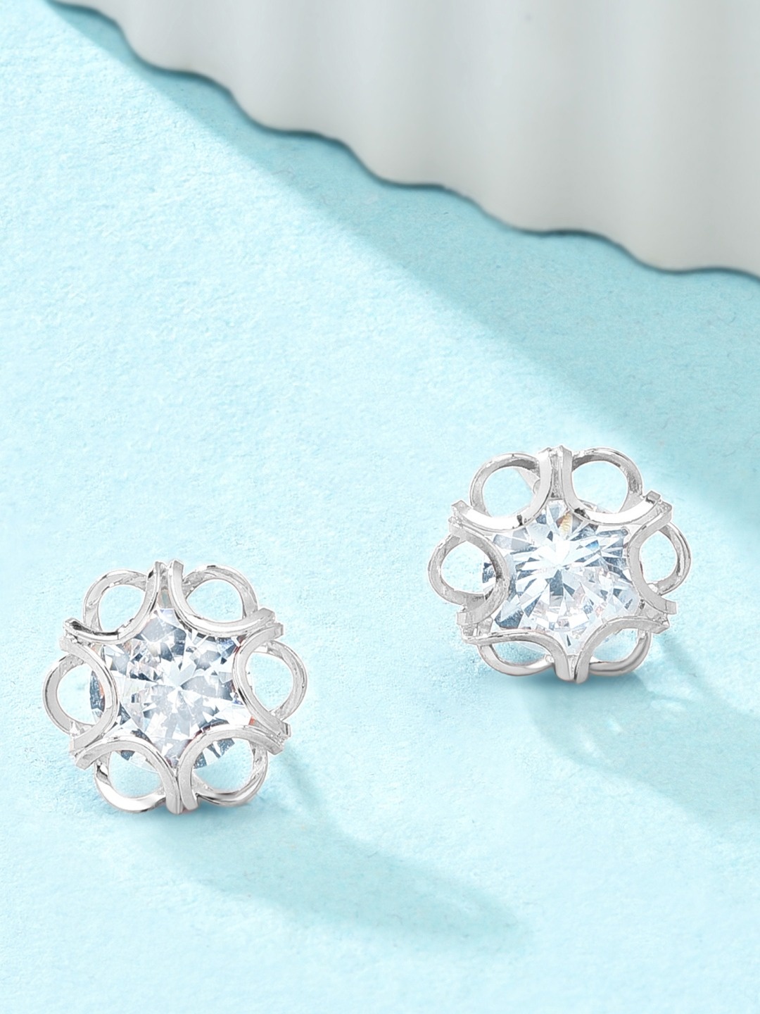 

AMI Silver-Plated Cubic Zirconia Studded Floral Studs Earrings