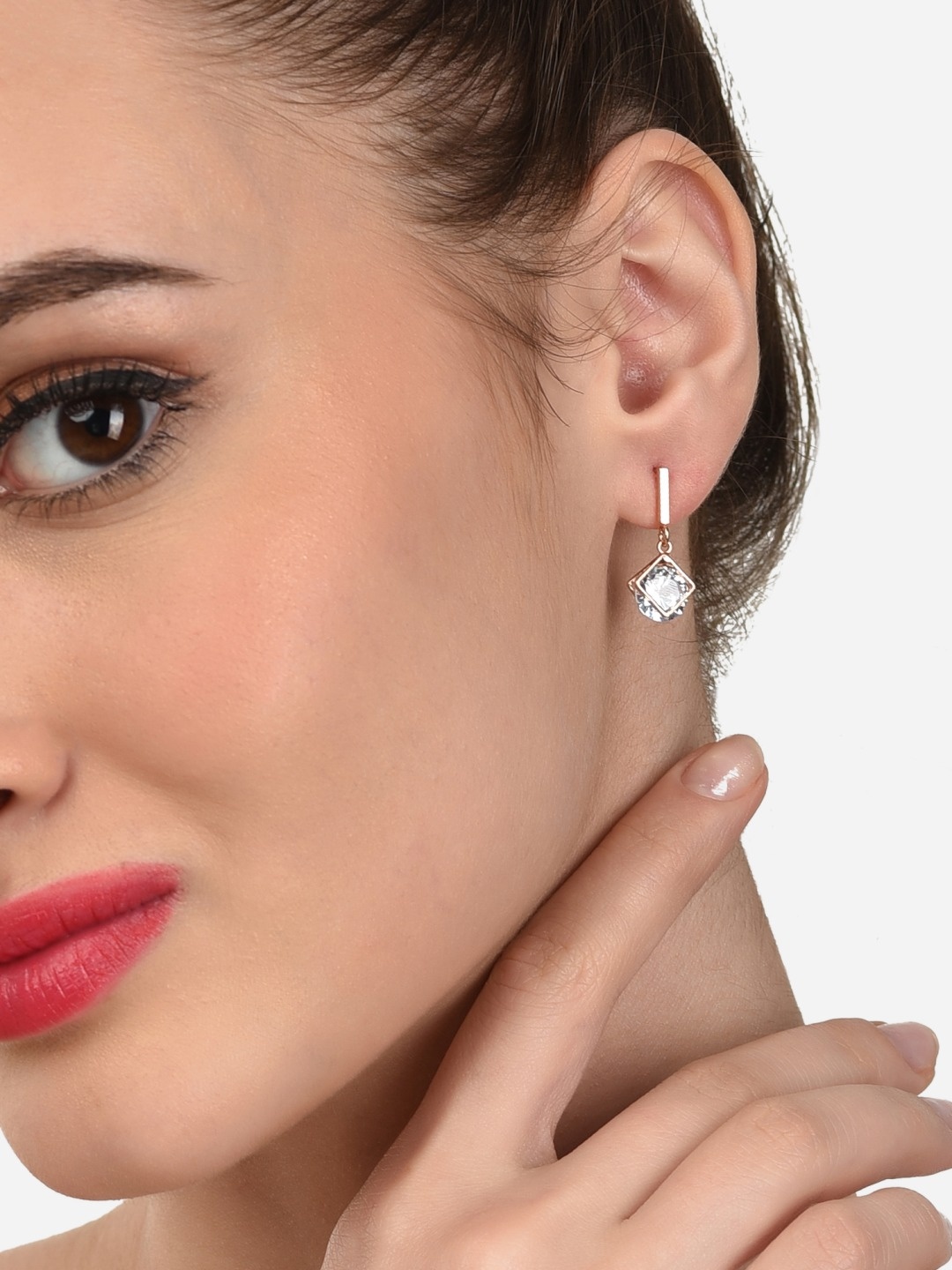 

AMI Rose Gold-Plated Cubic Zirconia Studded Contemporary Drop Earrings
