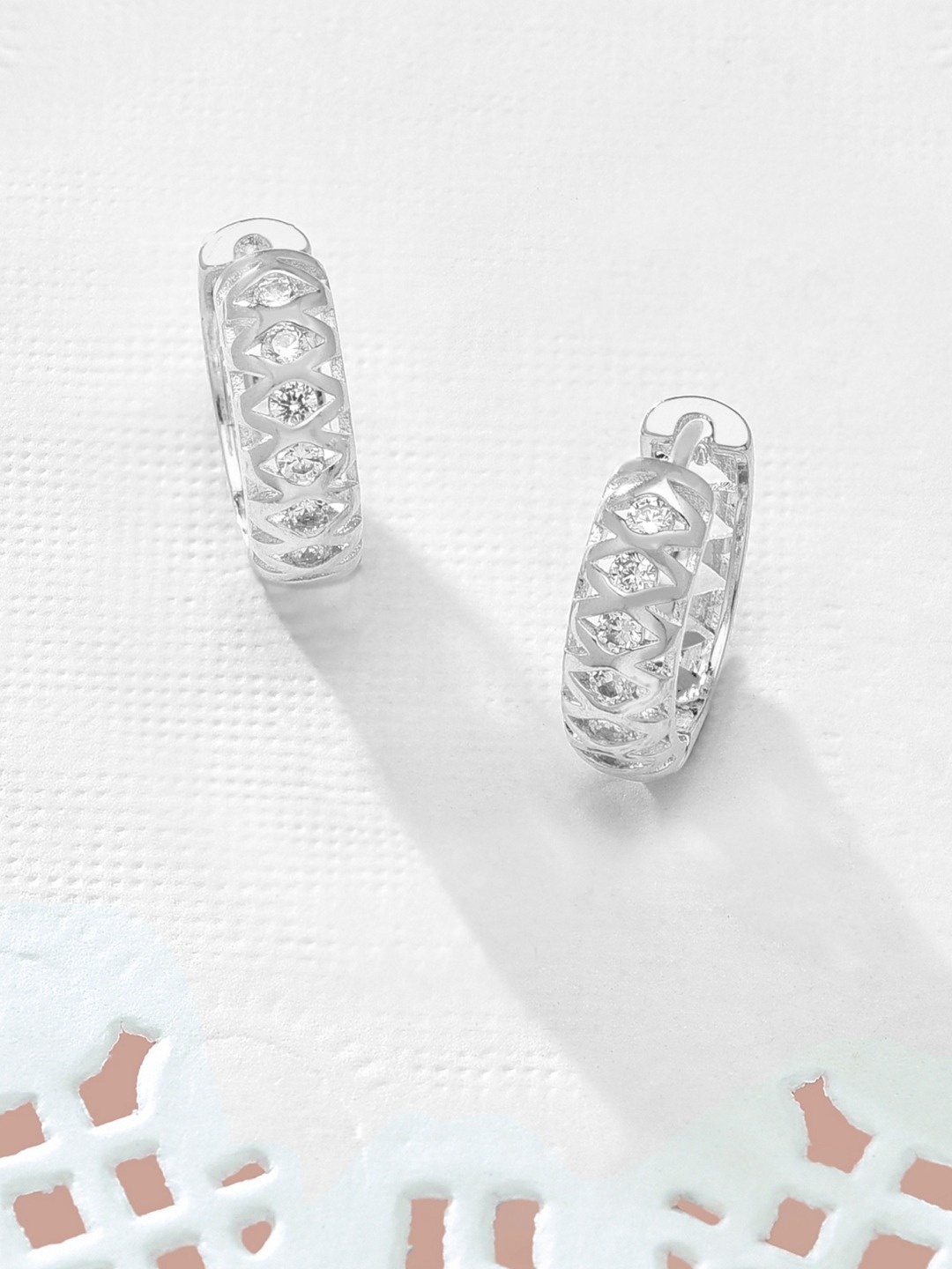 

AMI Silver-Toned Silver-Plated Contemporary CZ Studded Hoop Earrings