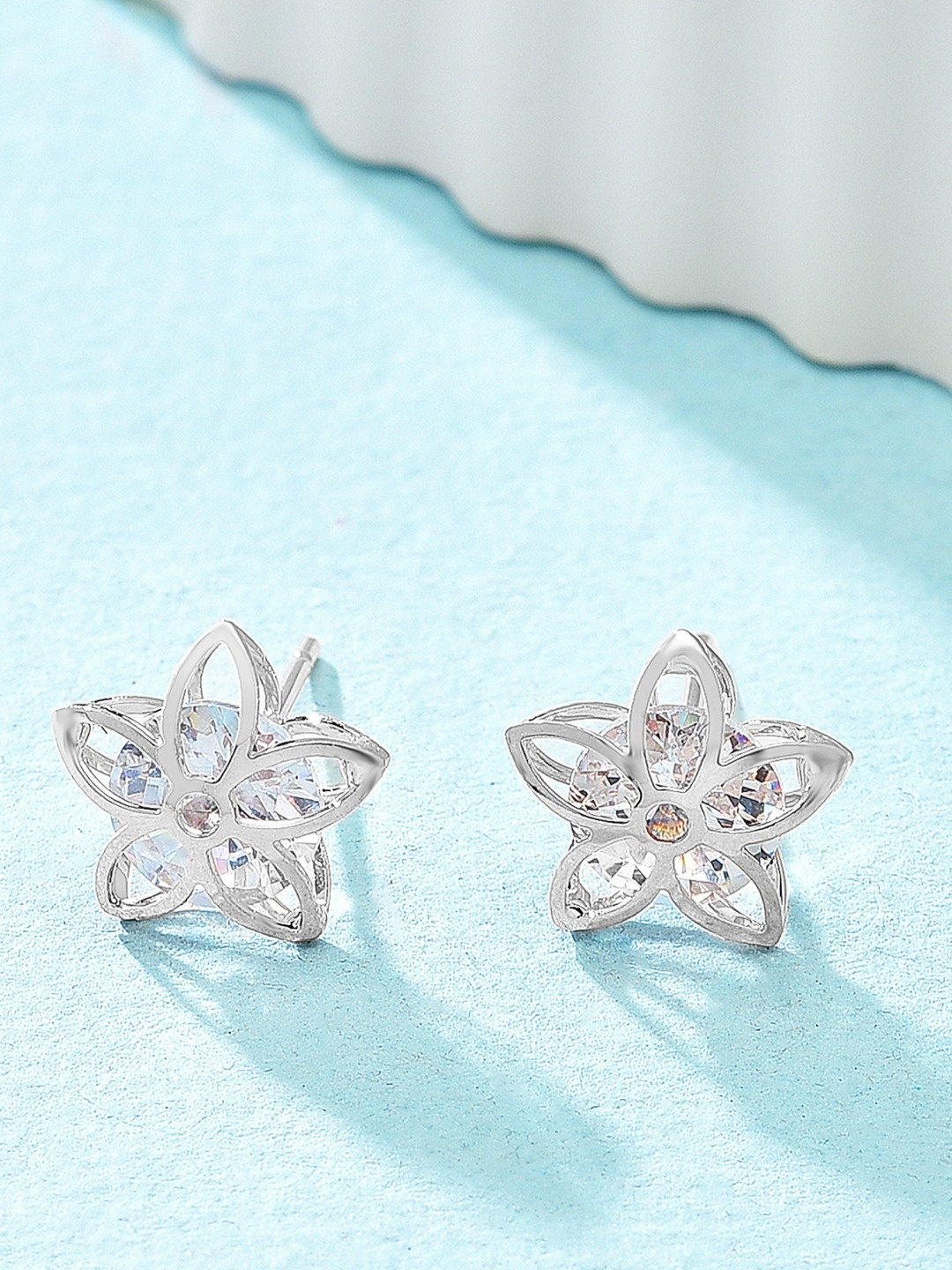 

AMI Silver-Plated Floral CZ Studded Studs Earrings