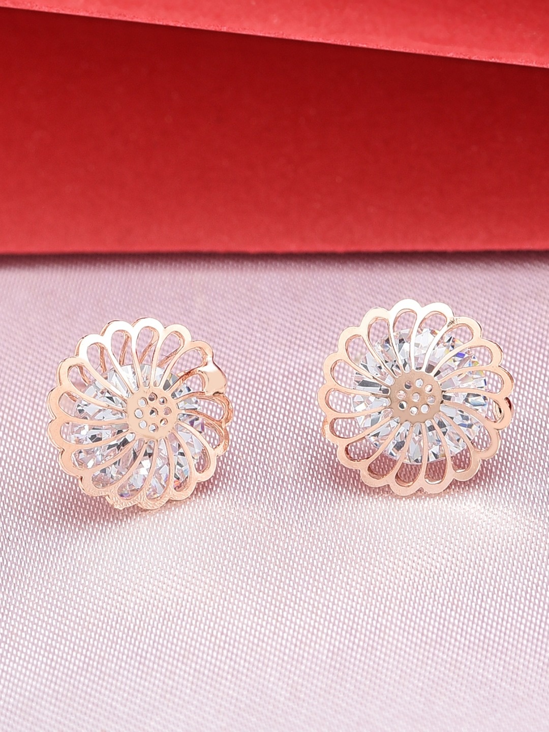 

AMI Rose Gold Plated CZ Studded Floral Studs Earrings