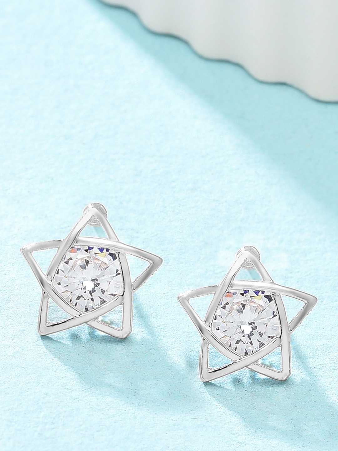 

AMI Silver-Plated Cubic Zirconia-Studded Star Shaped Studs Earrings