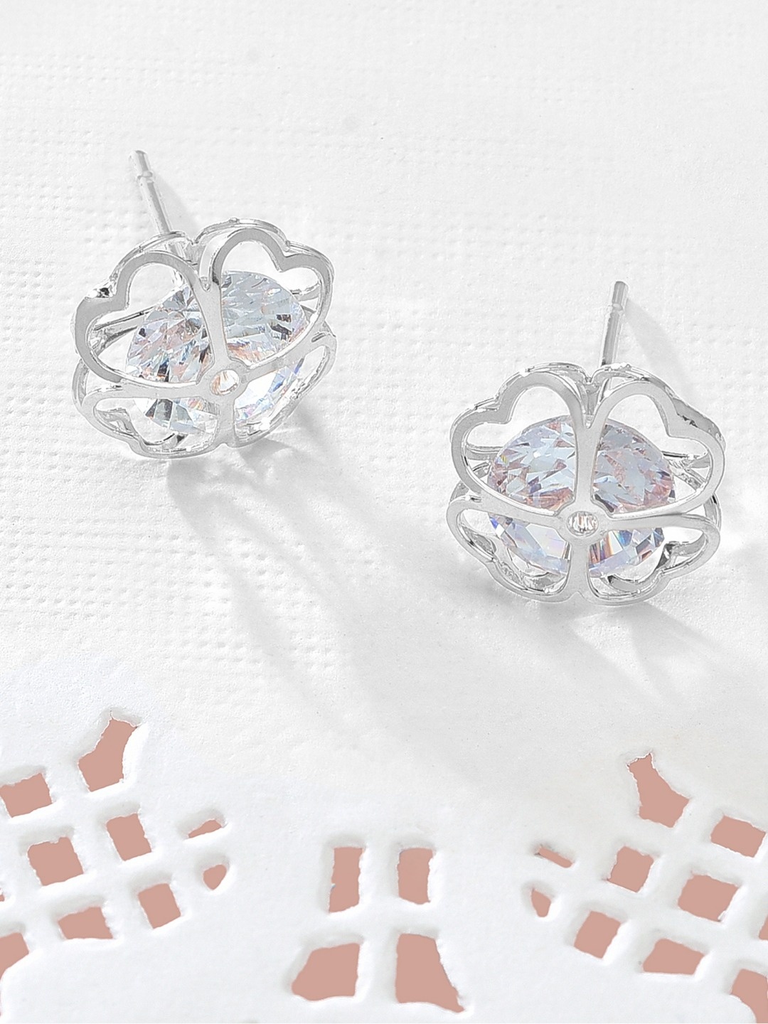 

AMI Silver-Plated Floral CZ Studded Studs Earrings