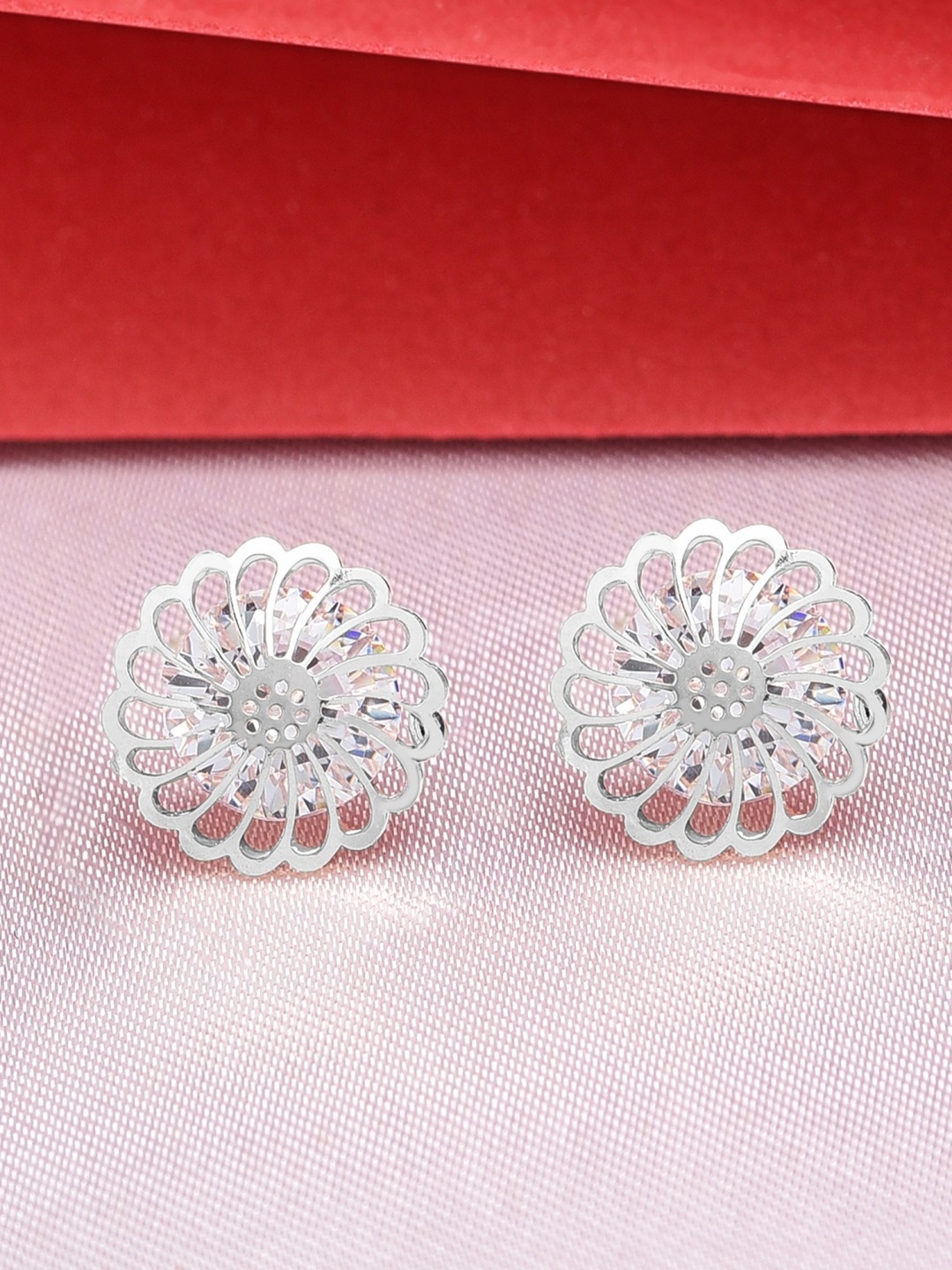

AMI Silver-Plated CZ Studded Floral Studs Earrings