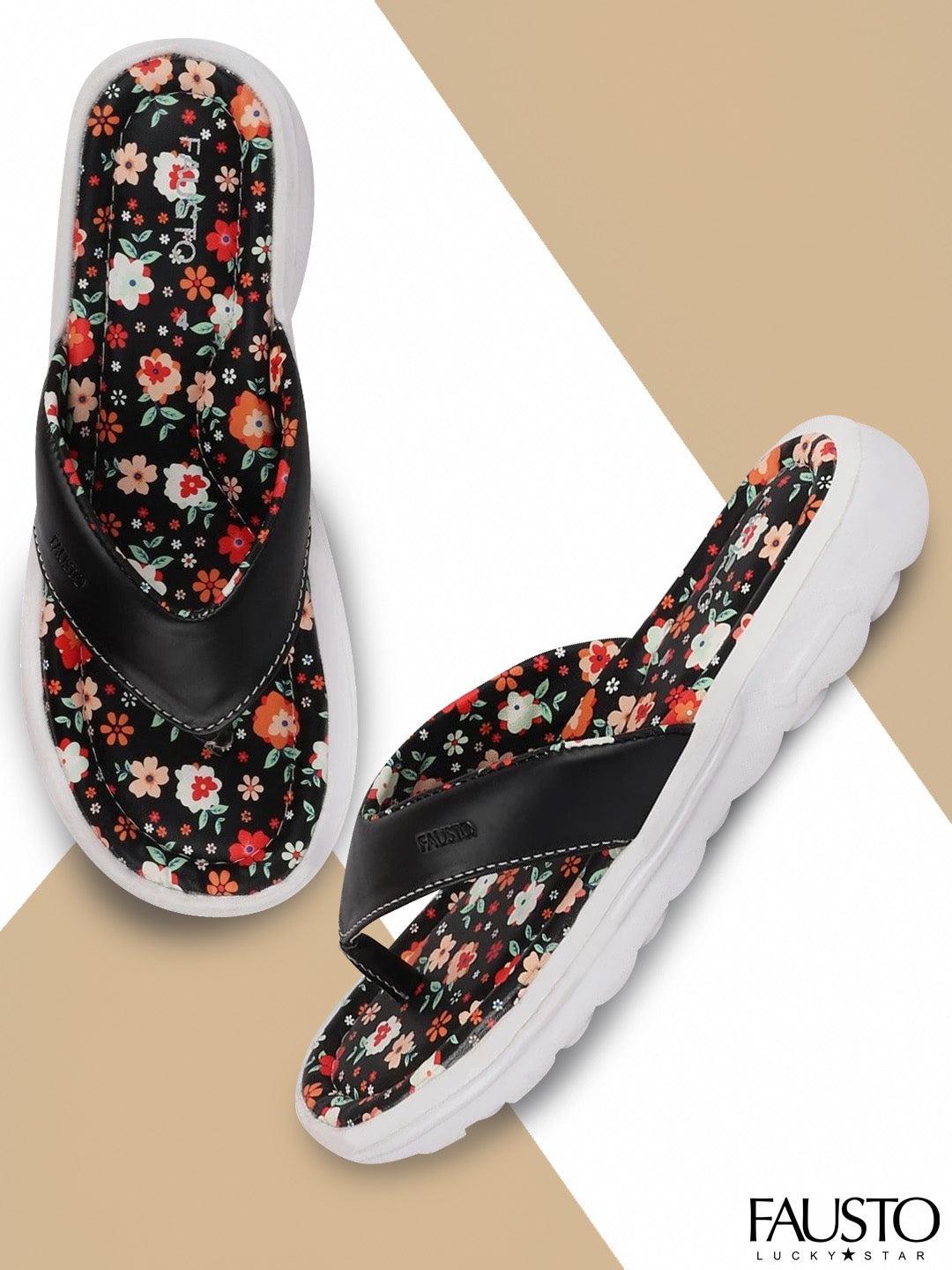 

FAUSTO Women Black Floral Printed Thong Flip Flops