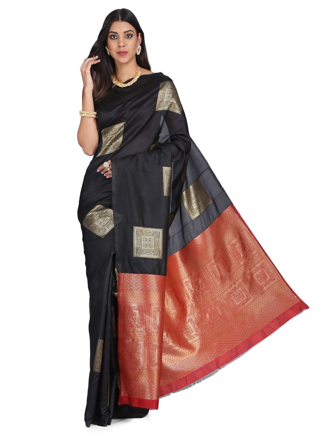 

KALINI Black & Maroon Ethnic Motifs Zari Banarasi Saree