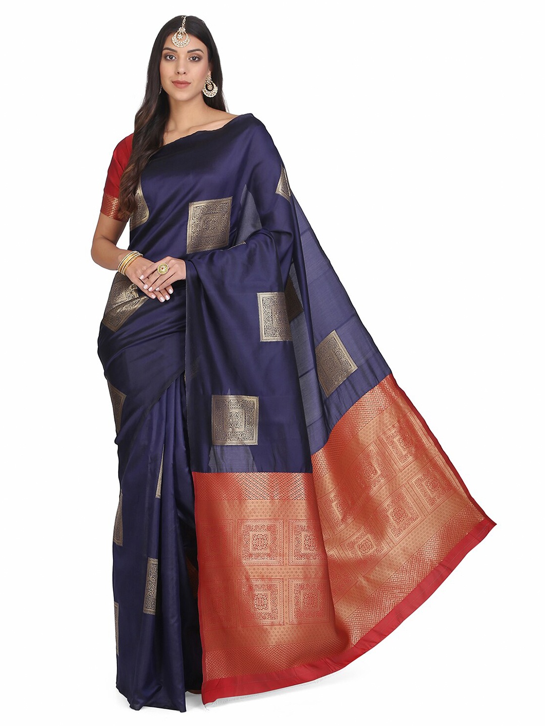 

KALINI Blue & Red Ethnic Motifs Zari Banarasi Saree