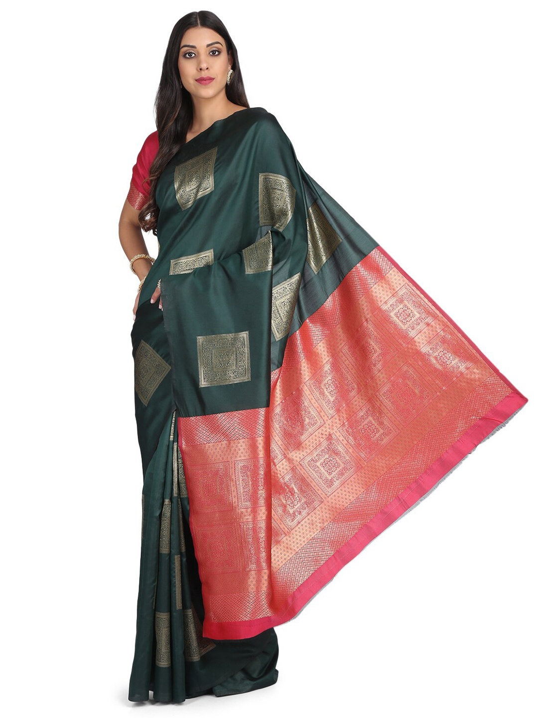 

KALINI Green & Pink Floral Zari Banarasi Saree