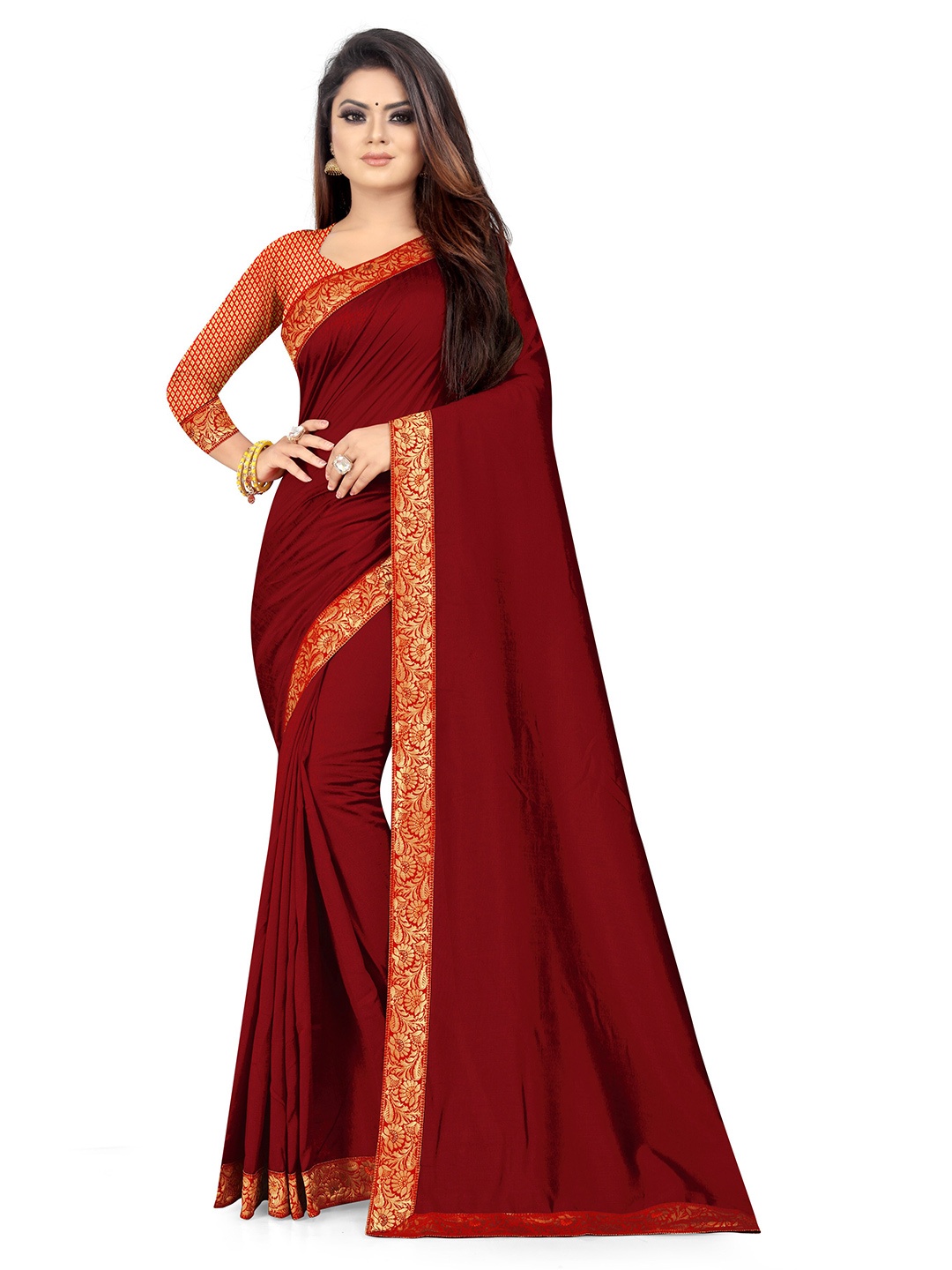 

KALINI Red & Gold-Toned Solid Poly Georgette Saree