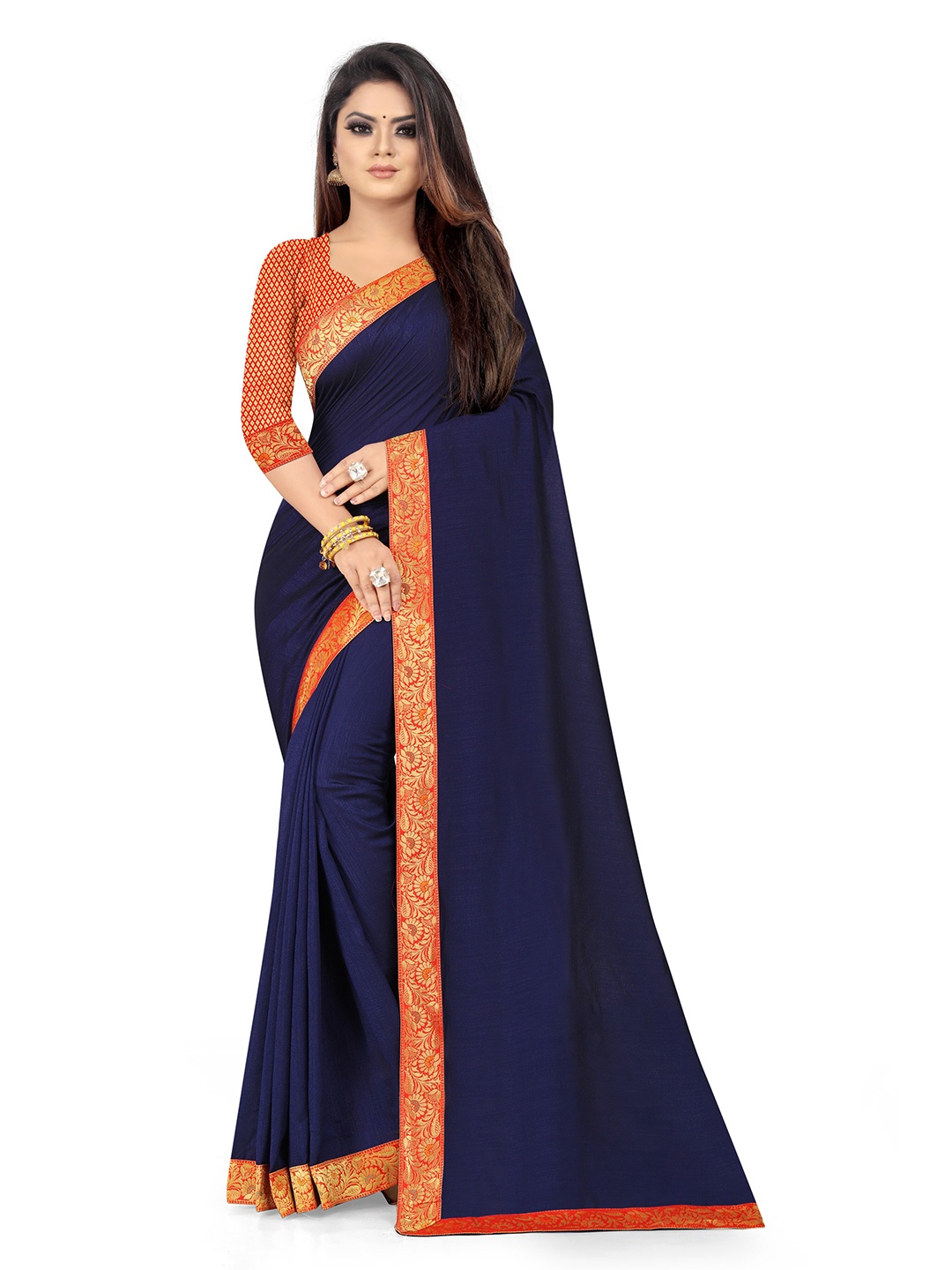 

KALINI Blue & Orange Solid Zari Border Poly Georgette Saree