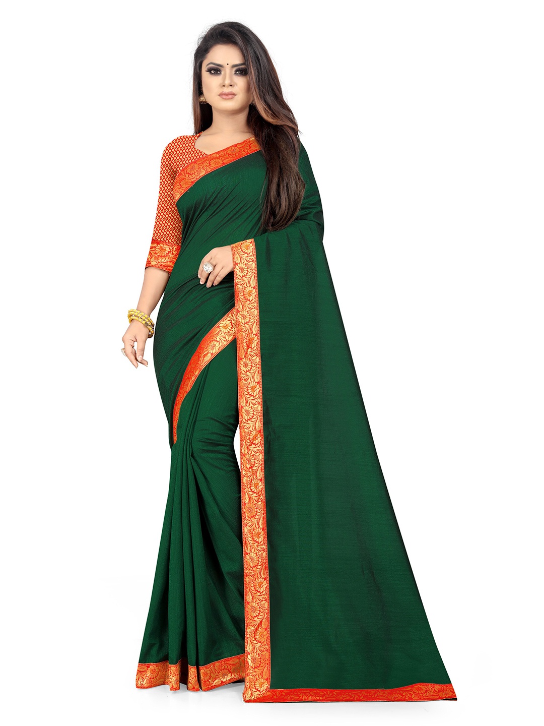 

KALINI Green & Orange Poly Georgette With heavy jacquard Blouse Zari Saree