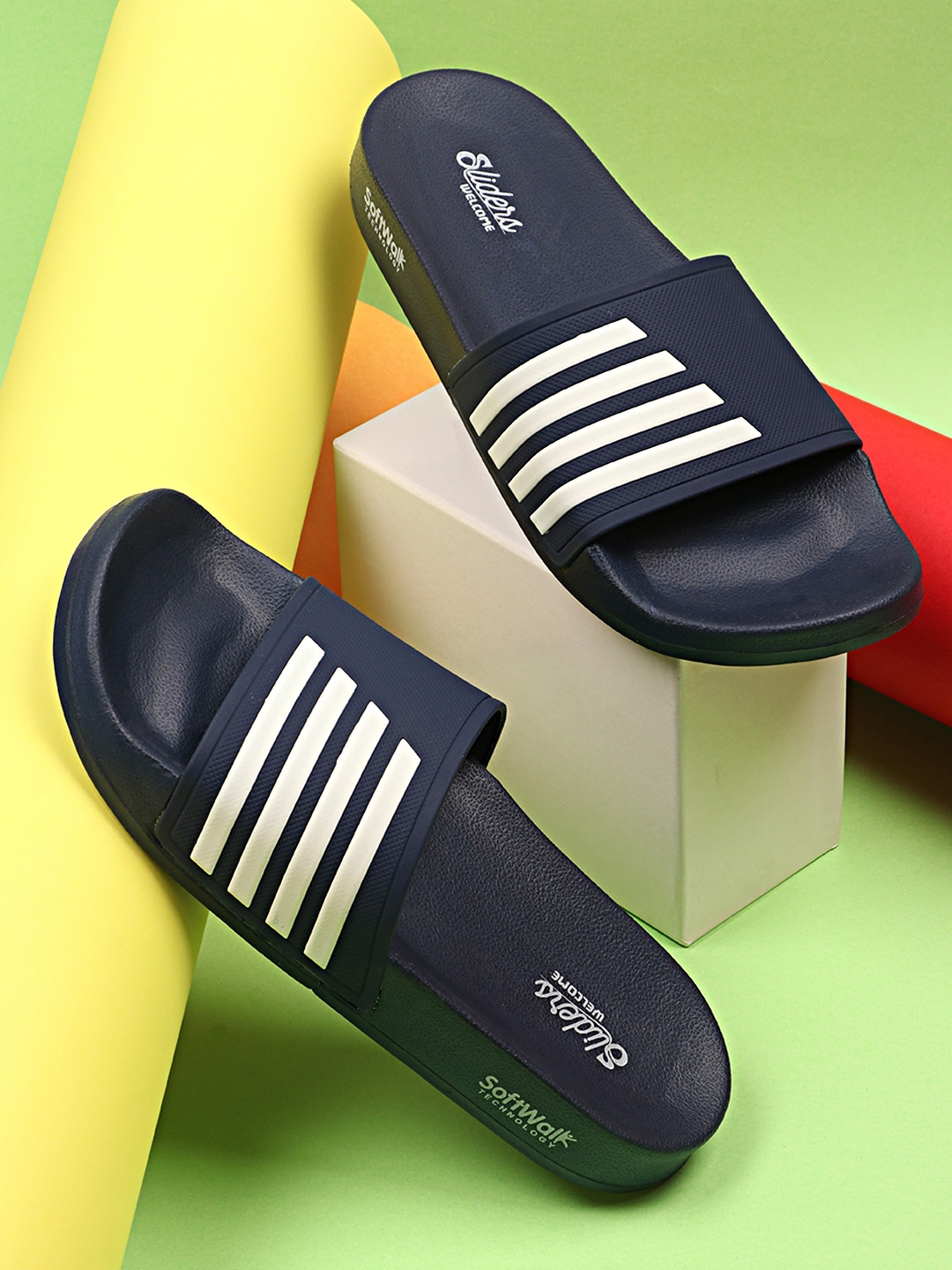 

WELCOME Men Blue & White Striped Sliders