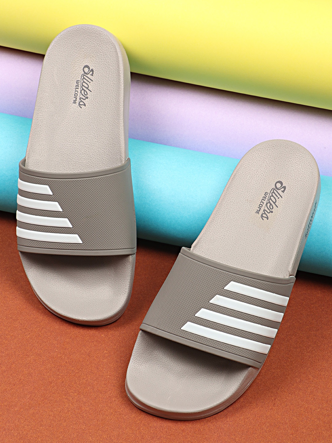 

WELCOME Men Grey & White Striped Sliders
