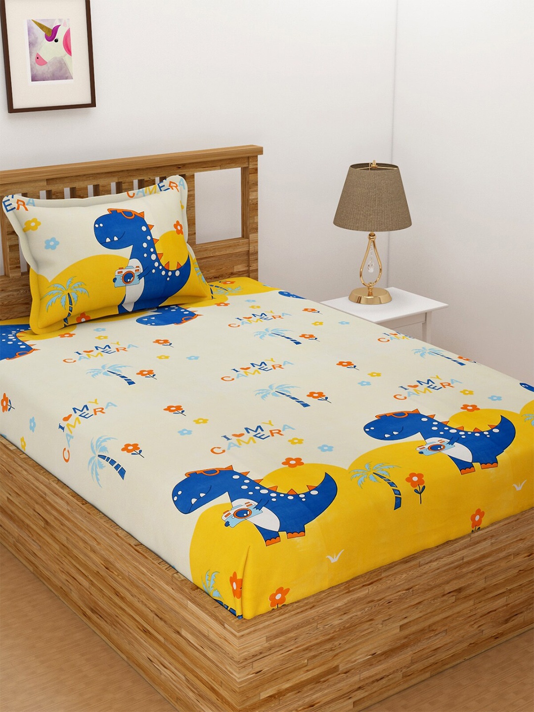 

Florida Beige Cartoon Characters 144 TC King Bedsheet with 1 Pillow Covers