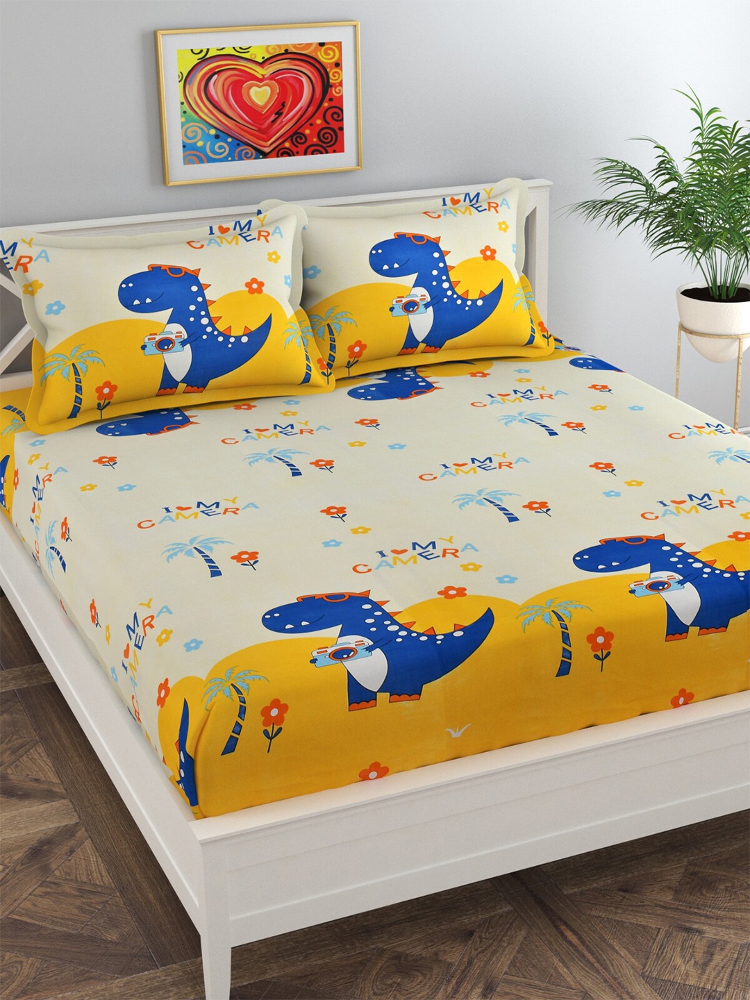 

Florida Beige & Yellow Cartoon Characters 144 TC Queen Bedsheet with 2 Pillow Covers