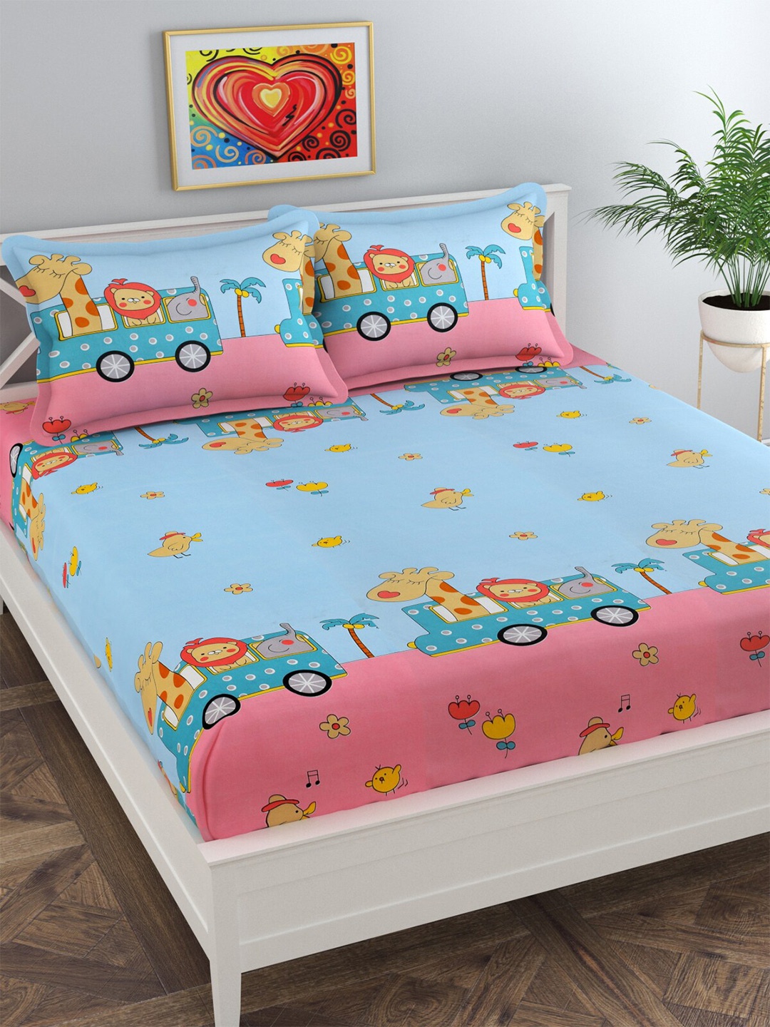 

Florida Blue & Pink Cartoon Printed144 TC Queen Size Bedsheet With 2 Pillow Covers
