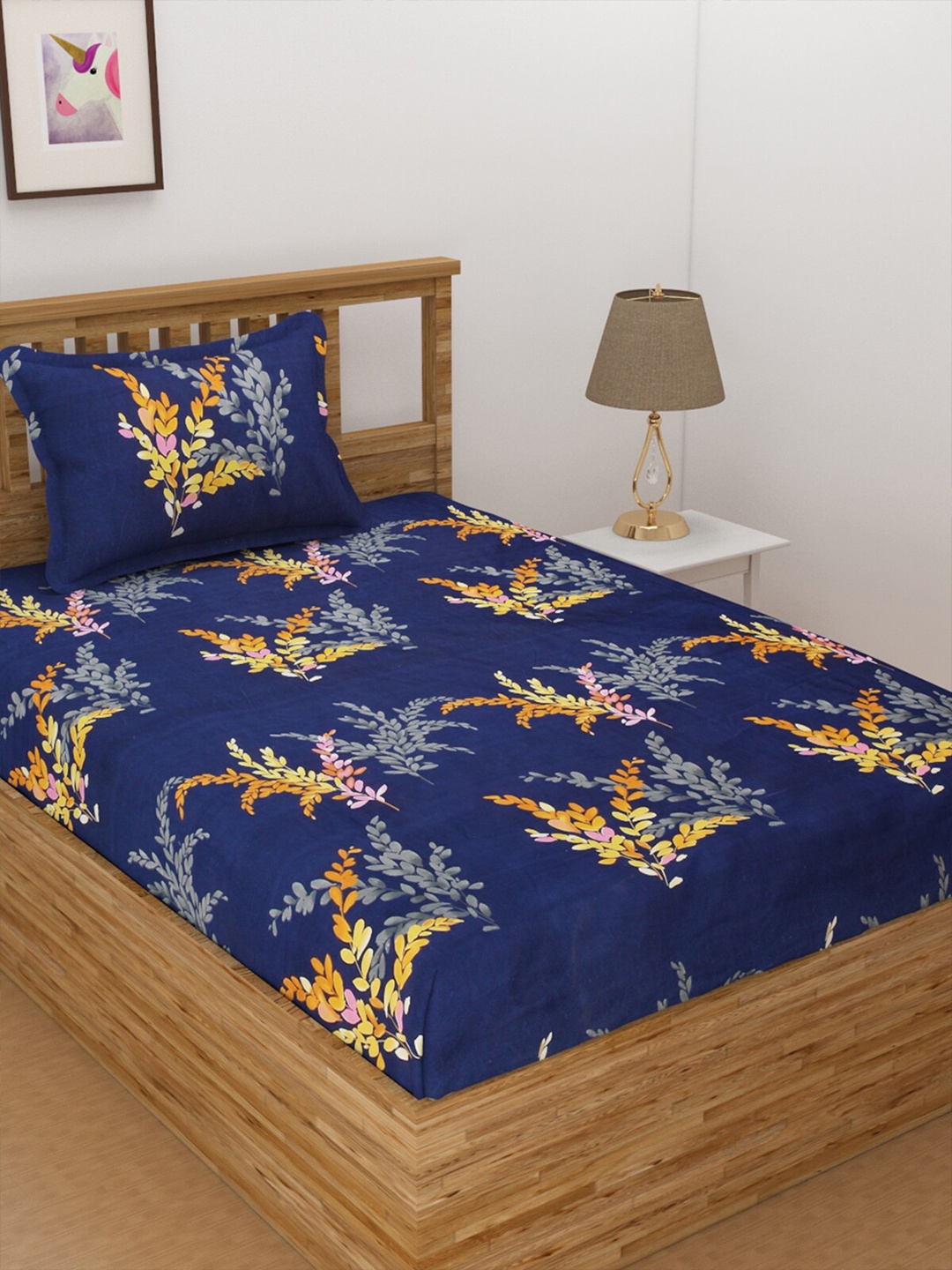 

Florida Blue & Yellow Floral 144 TC Polycotton Single Bedsheet with 1 Pillow Covers