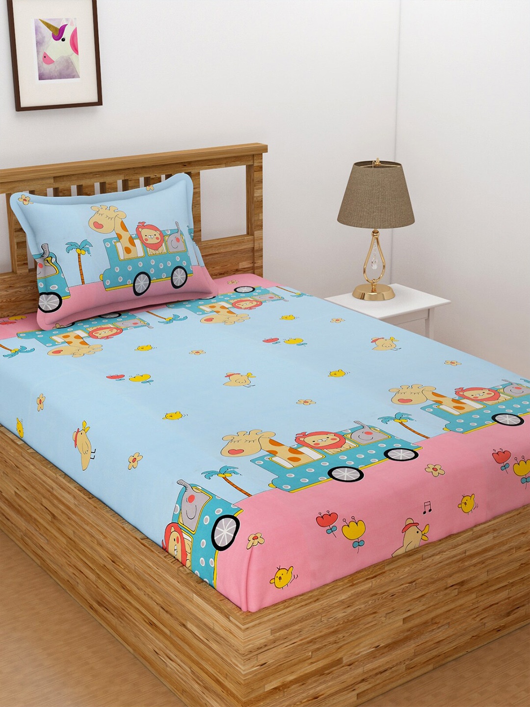 Florida Blue & Pink Cartoon Characters 144 TC Single Bedsheet with 1 Pillow Covers
