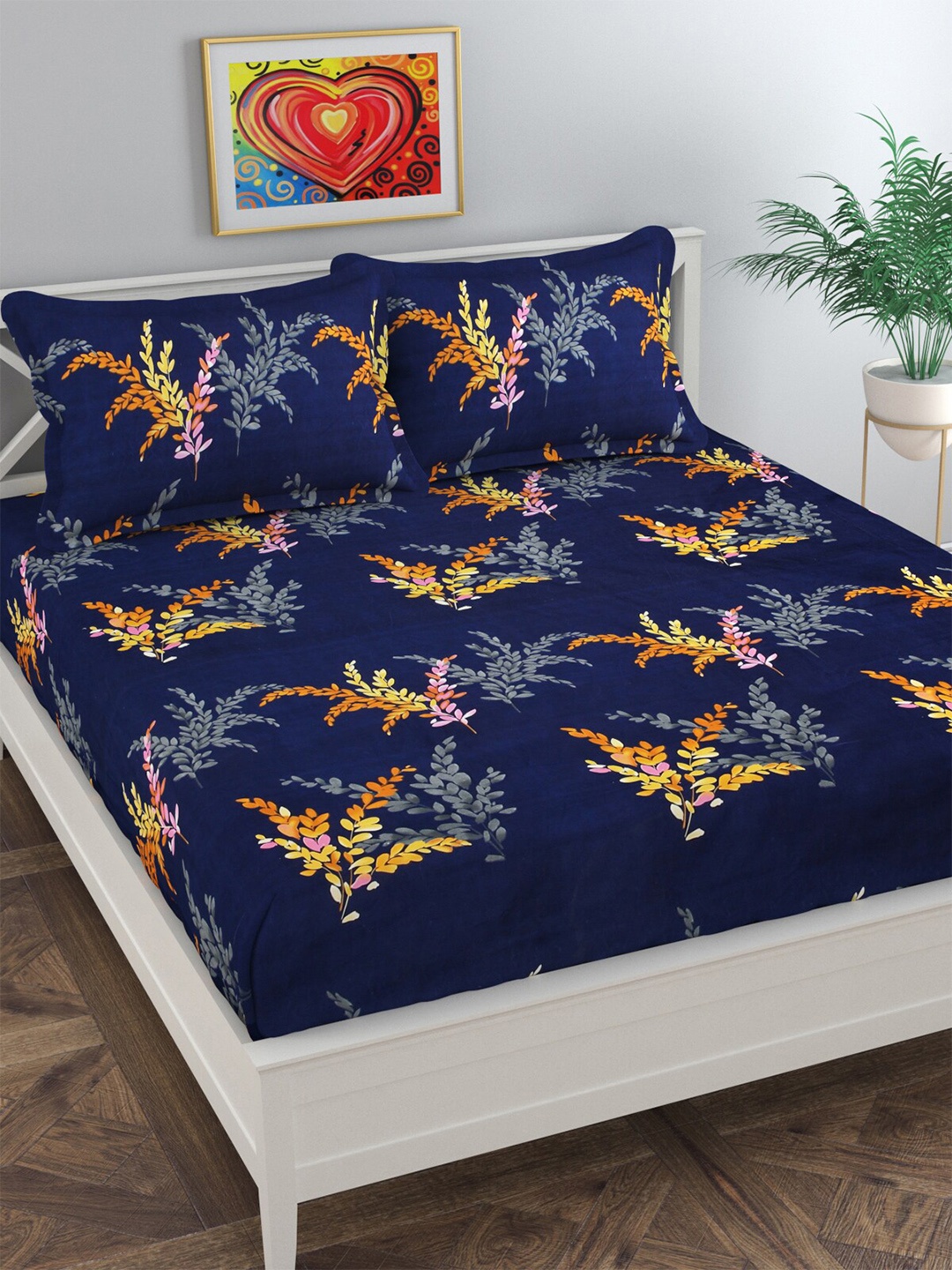 

Florida Blue & Orange Floral 144 TC King Bedsheet with 2 Pillow Covers