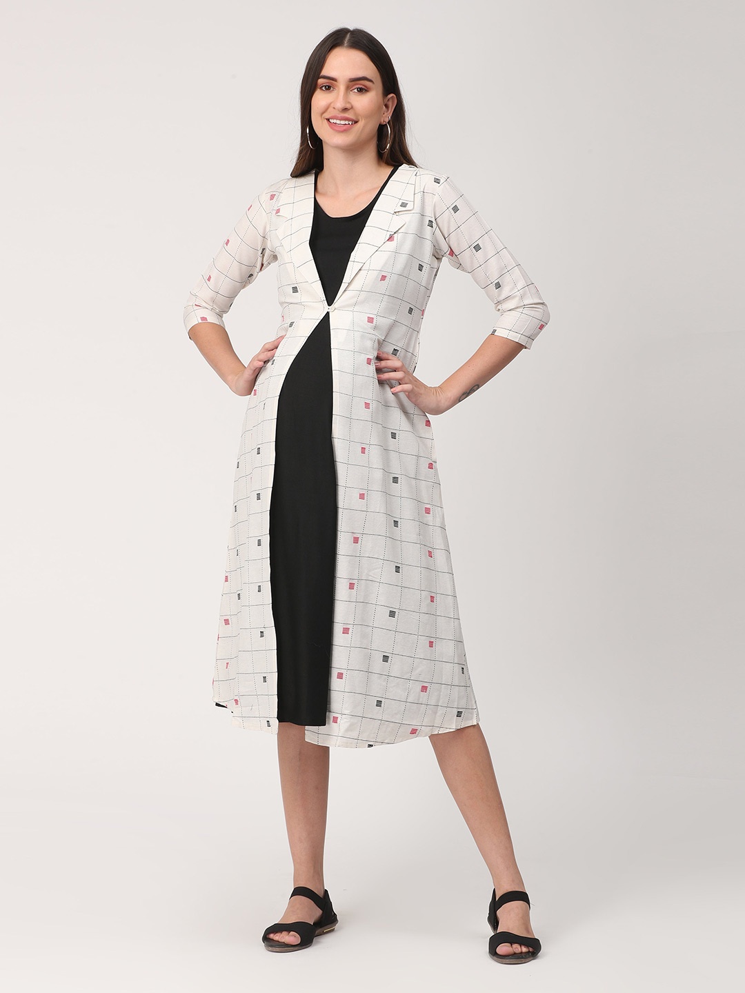 

The Mom Store Black & White Checked Layered Maternity A-Line Midi Shacket Dress
