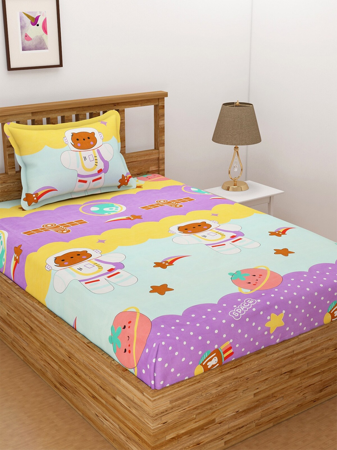 

Florida Purple Cartoon Character Printed 144 TC 1 Single Bedsheet with 1 Pillow Covers