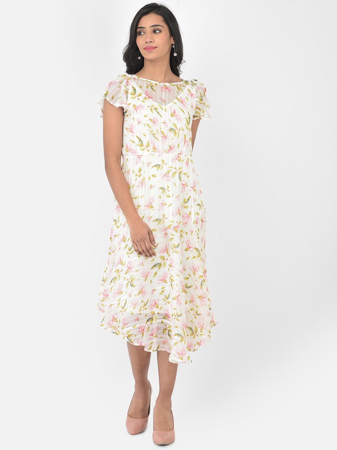 

Latin Quarters White & Pink Floral Printed Fit & Flare Midi Dress