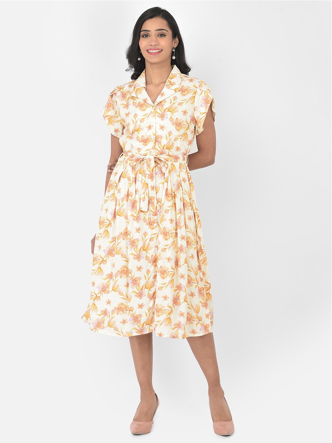 

Latin Quarters Beige Floral Printed Fit & Flare Midi Dress With Fabric Belt