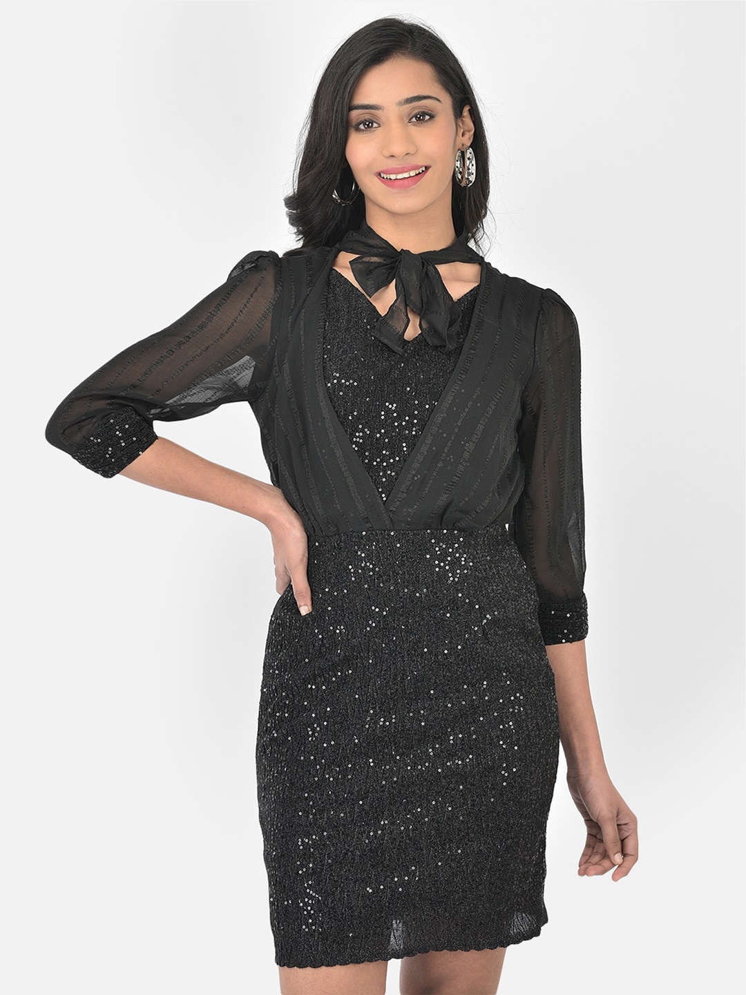 

Latin Quarters Black Embellished Sequin Tie-Up Neck Sheath Dress