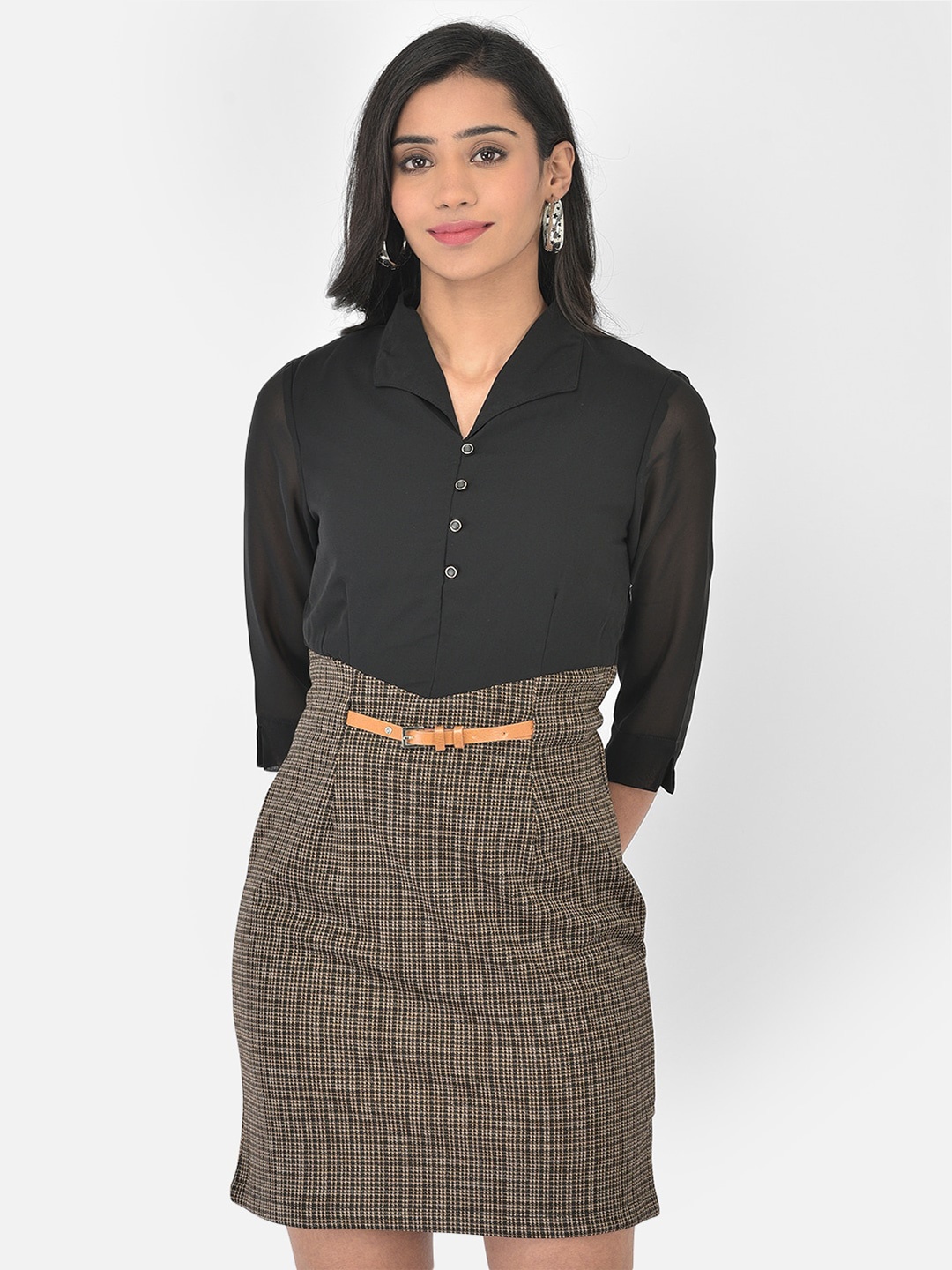 

Latin Quarters Brown Checked Sheath Dress