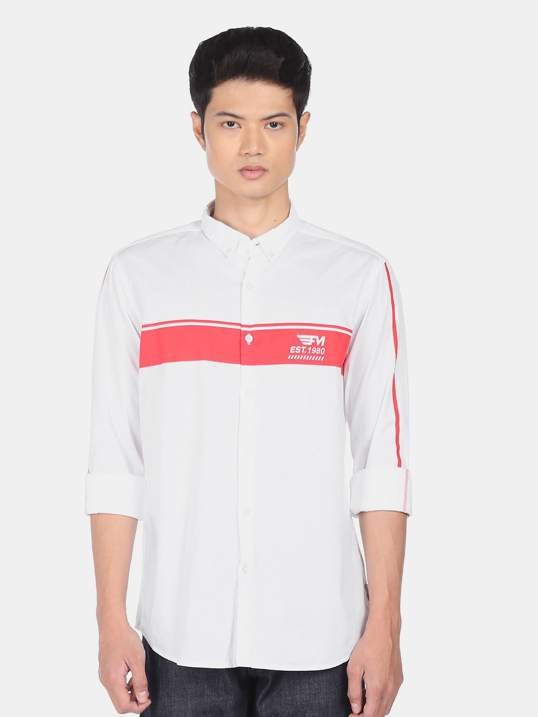 

Flying Machine Men White Striped Pure Cotton Casual Shirt