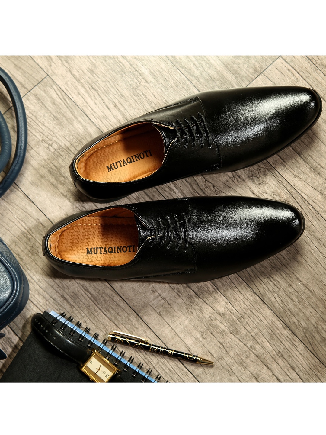

MUTAQINOTI Men Black Solid Formal Oxfords