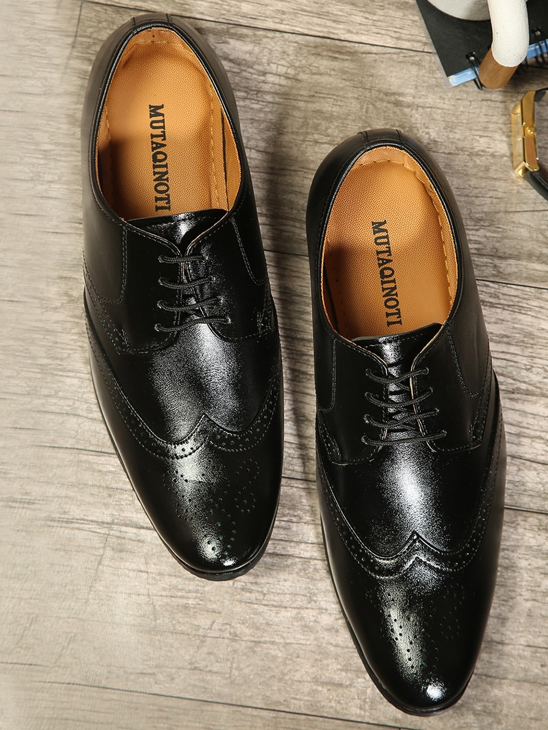 MUTAQINOTI Men Black Solid Synthetic Leather Formal Oxfords