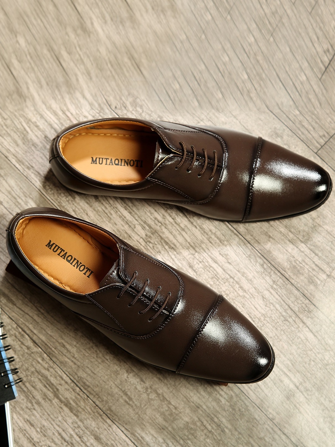 

MUTAQINOTI Men Brown Solid Synthetic Leather Formal Oxfords