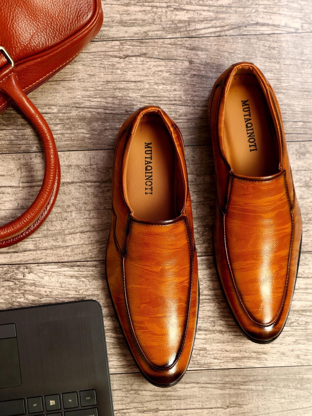

MUTAQINOTI Men Tan Solid Synthetic Leather Formal Slip-On Shoes