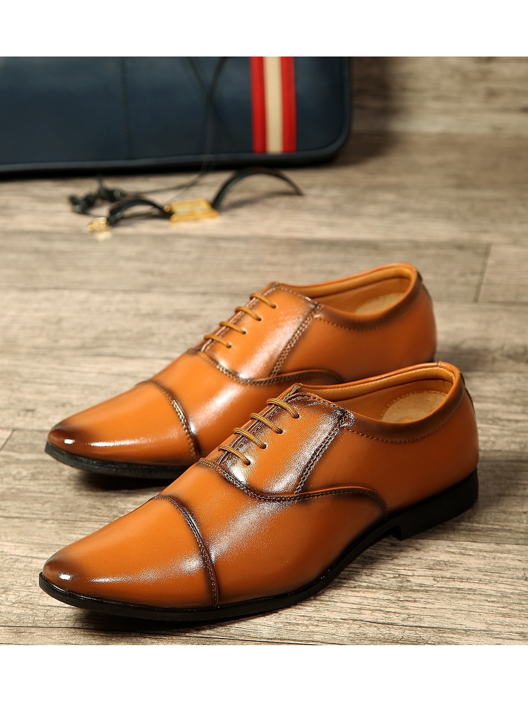 MUTAQINOTI Men Tan Brown Solid Synthetic Leather Formal Oxfords