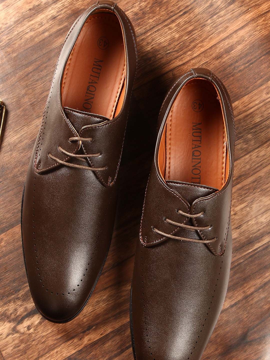 

MUTAQINOTI Men Brown Solid Synthetic Leather Formal Derbys
