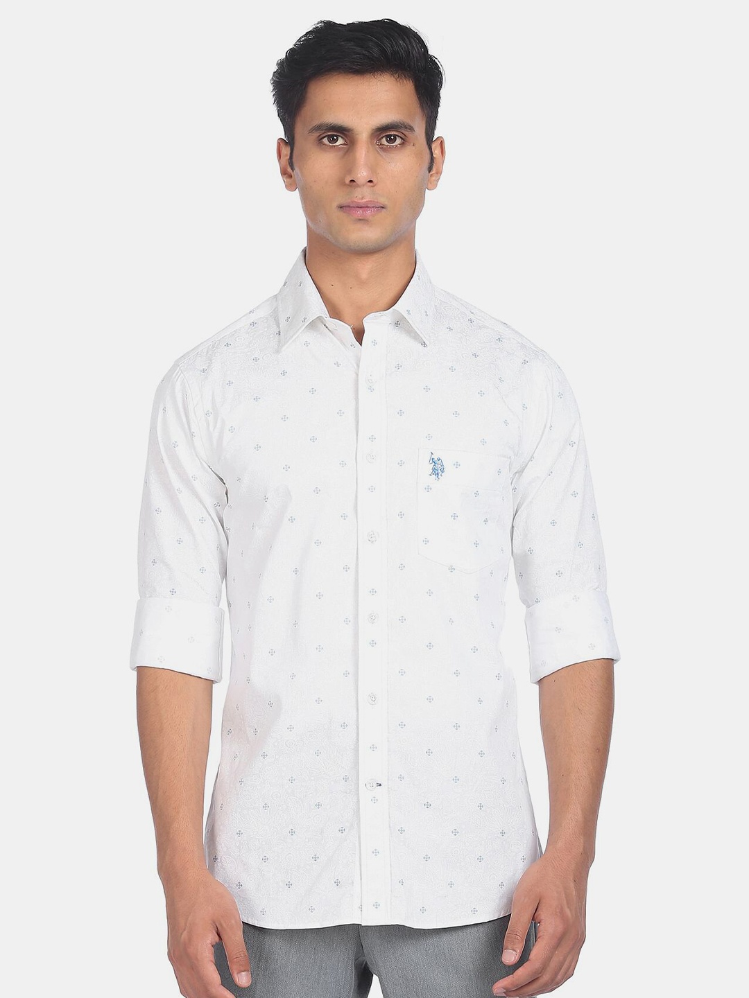 

U S Polo Assn Men White Printed Casual Cotton Shirt