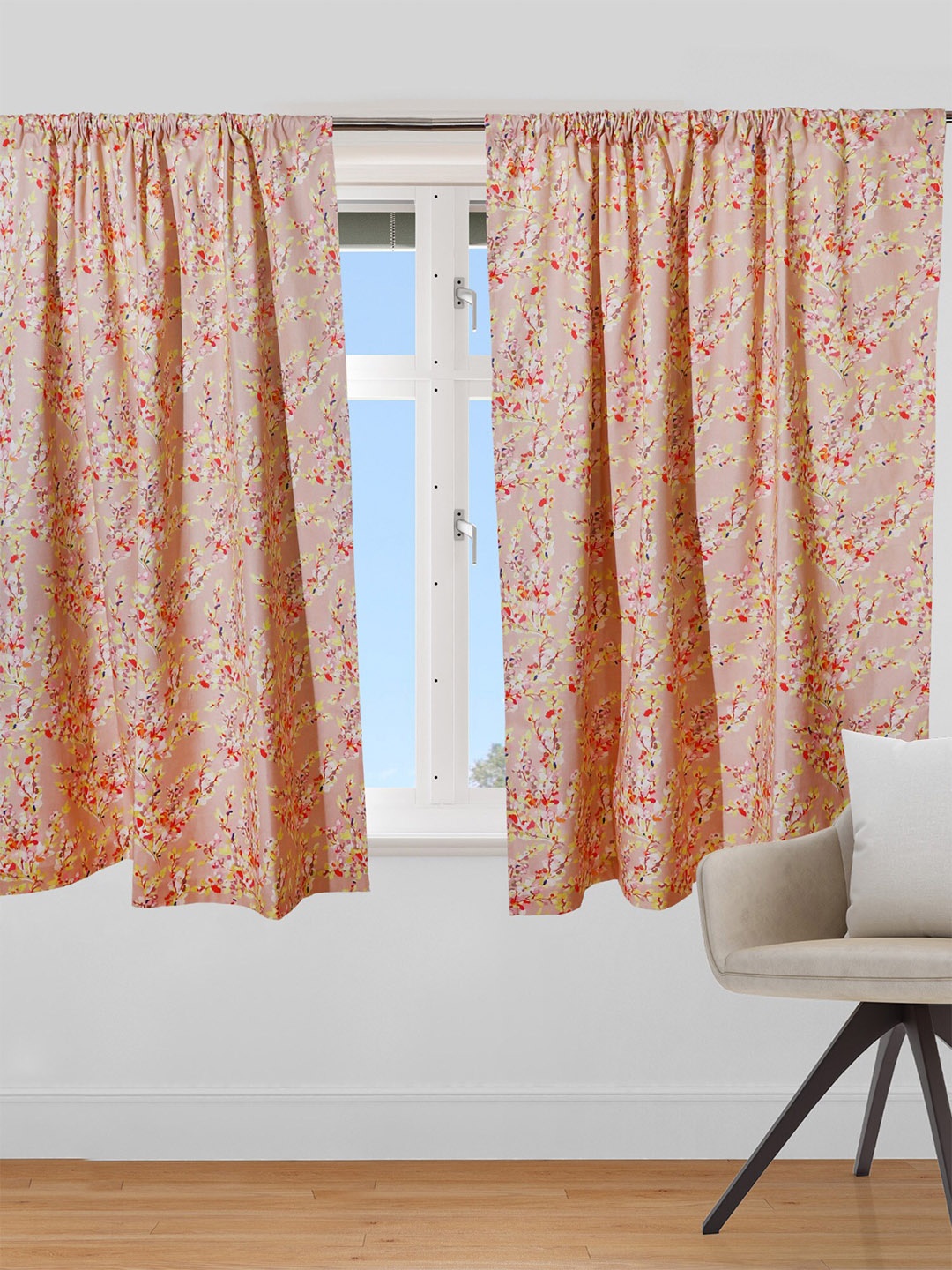 

ZEBA Orange Floral Printed Window Curtain, Beige