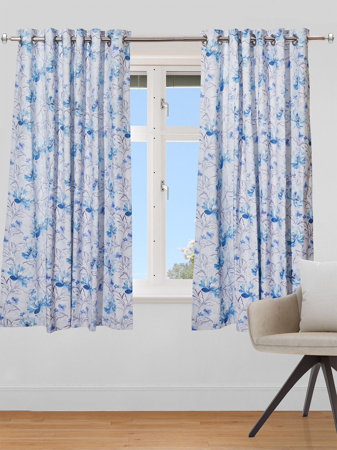 

ZEBA Blue & White Cotton Floral Eyelet Window Curtain