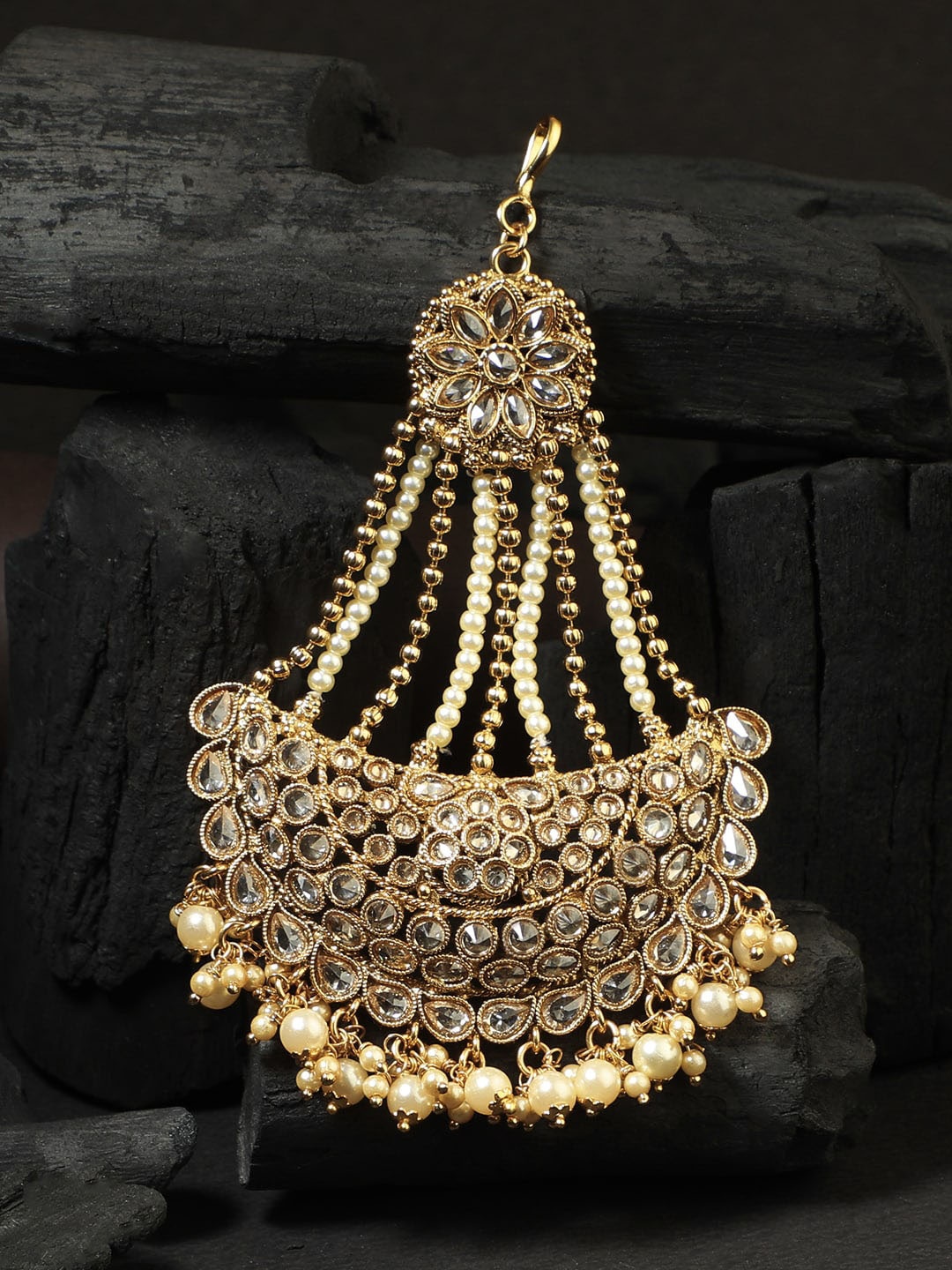

Adwitiya Collection 24CT Gold-Plated White Stone-Studded & Pearl Beaded Jhumar Passa