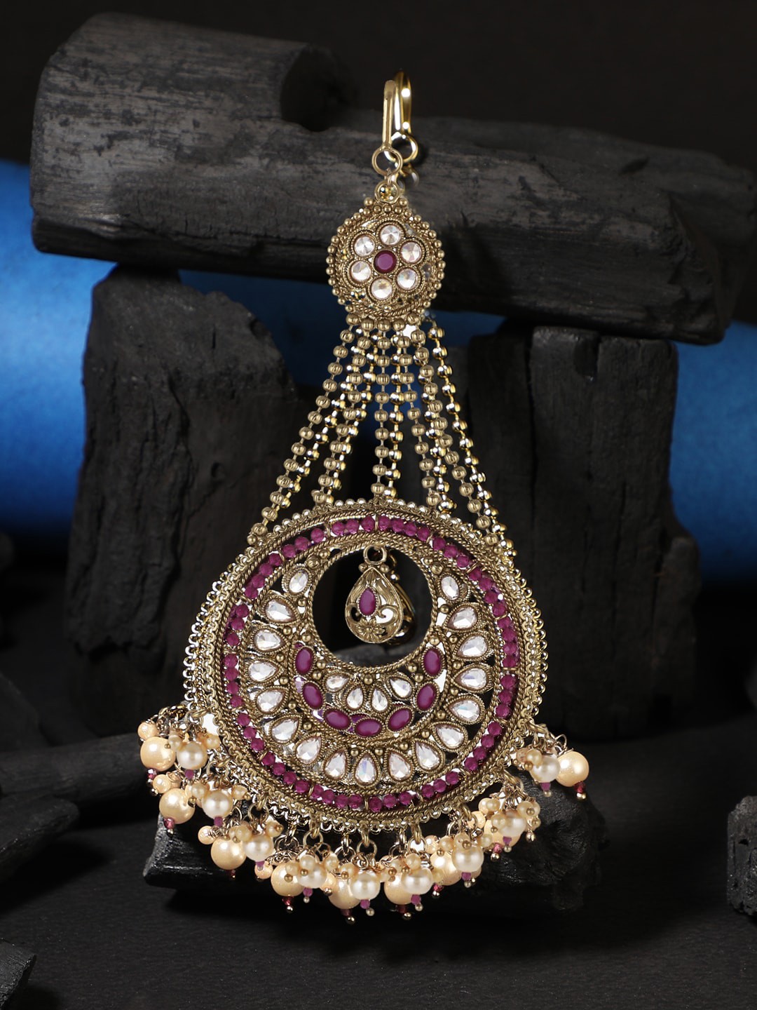 

Adwitiya Collection Gold-Plated Pink & White Stone-Studded Temple Jhumar Passa