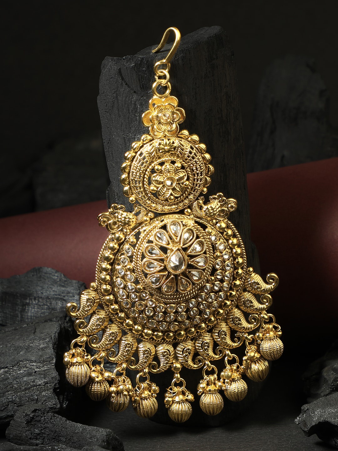 

Adwitiya Collection Gold-Plated Stone-Studded & Beaded Head Jewellery