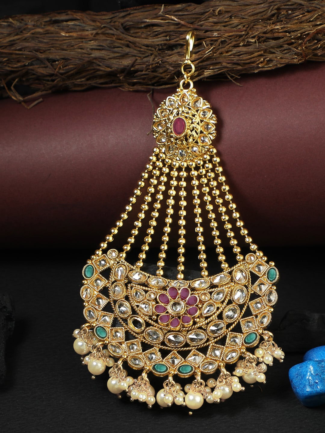 

Adwitiya Collection Red & Gold-Toned & Plated Stone & Pearl Beaded Jhumar Passa